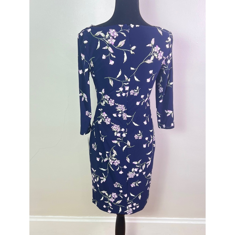NWT-$125 Lauren Ralph Lauren Floral Sheath Dress 4P Navy Boat Neck 3/4 Sleeve - Picture 3 of 12